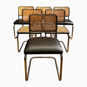 S32 Freischwinger aus schwarzem Leder & Wiener Korbgeflecht von Marcel Breuer für Thonet, 1980er, 6er Set, 6er Set