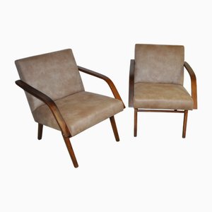 Wood Armchairs in Brown Faux Leather from Cesky Nabytek, Czechoslovak, 1960s, Set of 2