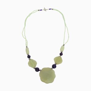 Blumenhalskette aus gealtertem Stahl mit Jade & Glasperlen, Frankreich, 1990er