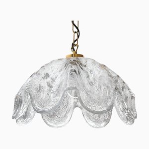 Vintage Pendant Lamp in Thick Ice Glass with White Inclusions, Murano Italy, 1970s