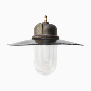 Lampe à Suspension d'Usine Industrielle Vintage en Émail Noir et Fonte par Gal