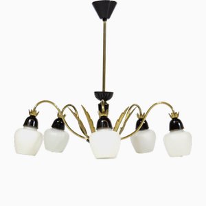 Lustre Mid-Century en Laiton et Verre Opalin, 1960s