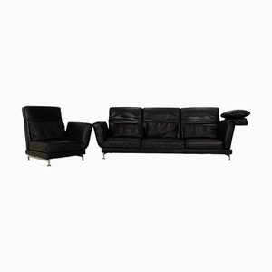 Moule 3-Seater Sofa and Ottoman in Black Leather from Brühl, Set of 2