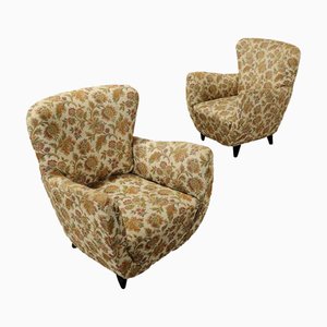 Vintage Armchairs in Jacquard Fabric and Wood, Italy, 1950s, Set of 2