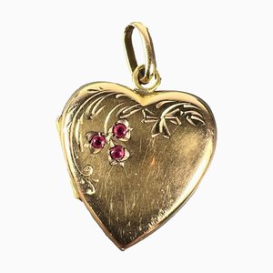 Pendentif Médaillon Fleur en Or Jaune 18 Carats et Rubis Rouge, France, 1920s