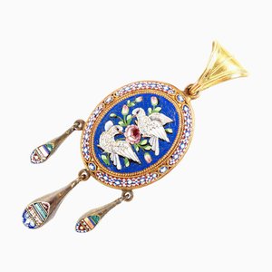 Micromosaic Photo Holder Locket Pendant with Birds