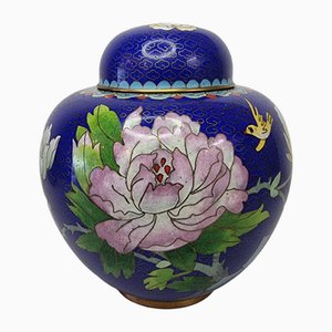 Bote de jengibre cloisonné vintage en azul, años 80