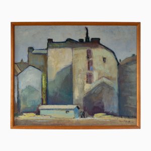 Gunnar Stalbrand, Paysage urbain Mid-Century, Suède, Peinture à l'huile, 1971, encadré