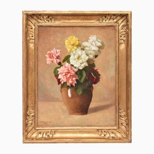 Still Life with Vase of White Roses, Oil on Wood, 1935, Framed