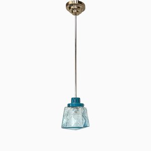 Lampada a sospensione in vetro blu geometrico, Francia, anni '50