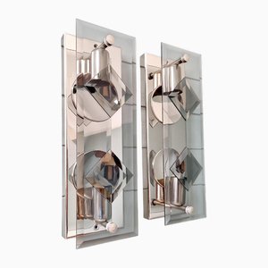 Wall Lights in Chromed Metal and Smoked Glass, 1970, Set of 2
