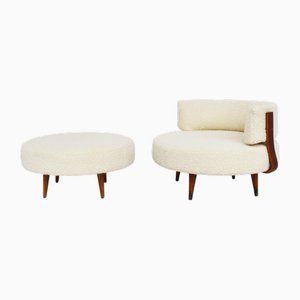 Large Vintage Round Swivel Armchair with Ottoman in Thick Bouclé Wool by Adrian Pearsall for MCM Furniture, 1958, Set of 2