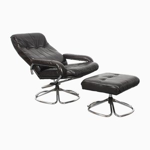 Set of Lounge Chair and Ottoman in Dark Brown Leather, from Unico 1970s, Set of 2