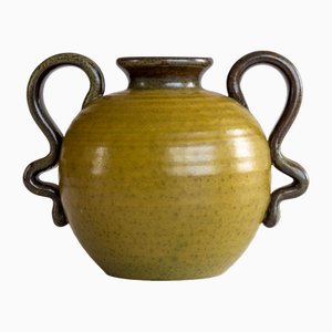 Scandinavian Modern Green Spherical Handle Vase by Eva-Jancke Björk for Bo Fajans, Sweden, 1940s
