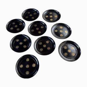 Lacquer Serving Plates with Gold Floral Kamon, 1900s, Set of 9