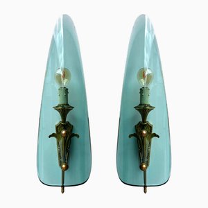 Mid-Century Italian Modern Wall Lamps in Glass and Gilt Bronze by Pietro Chiesa for Fontana Arte, 1950s, Set of 2