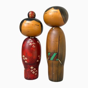 Muñecas Sosaku Usaburo Kokeshi vintage, años 70. Juego de 2