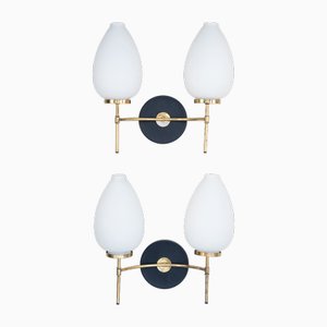 Glass and Brass Wall Lamps, 1950s, Set of 2