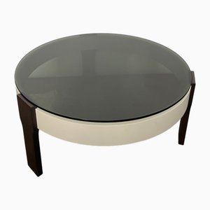 Round Coffee Table in White and Wengé with Smoked Glass Top, 1970s