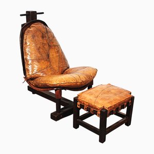 Brutalist Oak Lounge Chair and Ottoman, 1970s, Set of 2