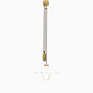 Mid-Century Modern Adjustable Pendant Lamp in White Ceramic and Brass