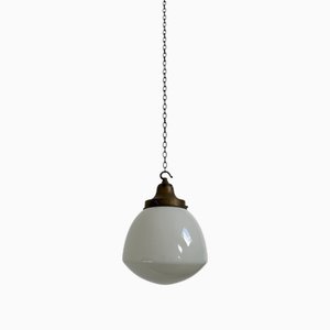 Vintage English Church Opaline Milk Glass and Brass Pendant, 1930s