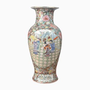 Mid-Century Chinese Canton Porcelain Vase with Palace and Floral Decoration by Nian Qian Zhilong, 1950s