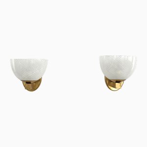 Mid-Century Italian Reticello Murano Glass and Brass Wall Lights in the style of Venini, 1980s, Set of 2