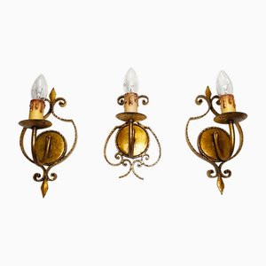 Wrought Iron and Gold Leaf Wall Lights, 1960s, Set of 3