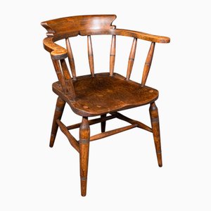 Antique English Captains Bow Chair in Beech and Elm, 1900