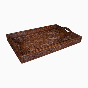 Antikes geschnitztes Serviertablett aus Teak, 1900