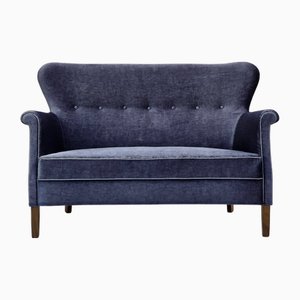 Vintage Danish Two-Seater Sofa in Blue Velour and Beech, 1950s