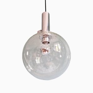 Lampada a sospensione Space Age in vetro soffiato trasparente e metallo cromato, 1970