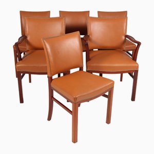 Sedie da pranzo di ebanista in mogano e pelle marrone chiaro, Danimarca, anni '40, set di 6