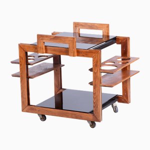 Carrito checo Art Déco de haya, latón y vidrio opalino, años 50