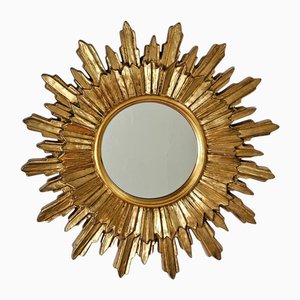 Grand Miroir Mural Sunburst en Bois Doré, Italie, 1970s