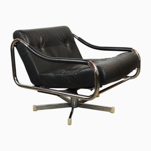 Vintage Tubular Swivel Armchair in Black Leather and Chrome from Pieff, 1970s