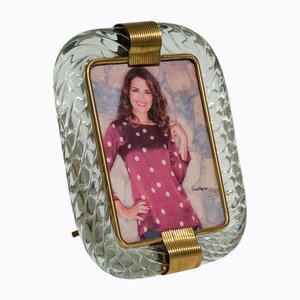 Vintage Picture Frame Murano Clear Glass with Brass Signed Seguso Vetri, 1960s