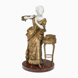 Napoleon III Sculpture in Gilded Stucco, Biscuit and Cherry Marble