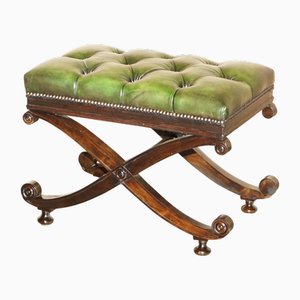 Antiker viktorianischer Chesterfield Polsterhocker aus Grünem Leder, 1880
