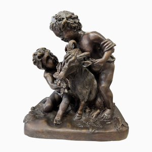 d'Après Clodion, Groupe Bacchique de Putti avec Chèvre, Bronze