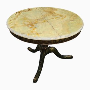 Mesa de centro francesa vintage redonda de mármol ónice y latón, años 60