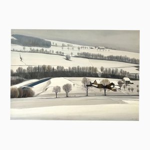Huile sur Bois Claude Sauthier, Vallée de la Broye, Vaud, 1970s