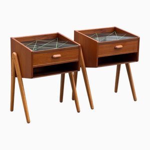 Vintage Teak Nachttische mit Eichenholz Beinen & Schwarz Verzierter Glasplatte, 1967, 2er Set