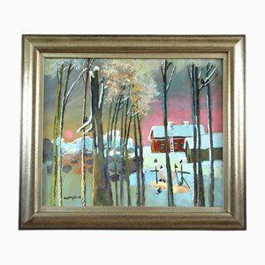 Sunset by the Pines, Peinture à l'Huile, Encadrée