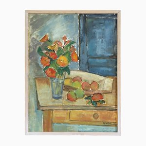 Interior con fruta, pintura al óleo, enmarcado