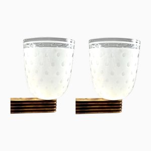 Large Art Deco Wall Lights in Blown Glass and Brass, Italy, 1940s, Set of 2