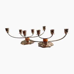 Candélabres à 5 Bras Plaqués Argent par Just Andersen pour GAB, Sweden, 1930s, Set de 2