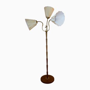 Lampadaire Mid-Century avec Abat-jours en Soie et Détails en Laiton, Suède, 1930s