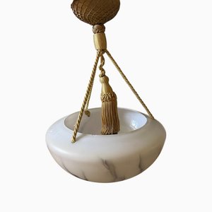 Lampe à Suspension Art Déco Style Albâtre en Verre avec Détails en Corde Dorée, Suède, 1940s